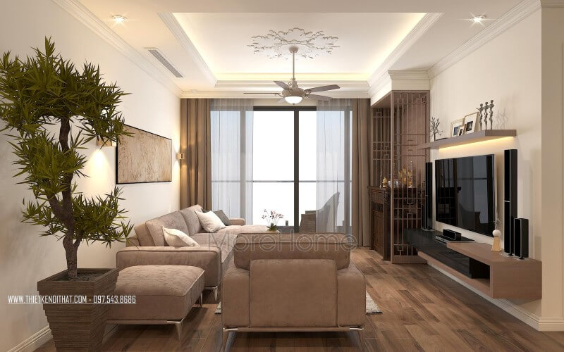 Thiết kế nội thất phòng khách chung cư hiện đại với gam màu nâu nhạt đầm ấm dễ chịu Xem ngay các mẫu thiết kế phòng khách ưa chuộng nhất hiện nay
