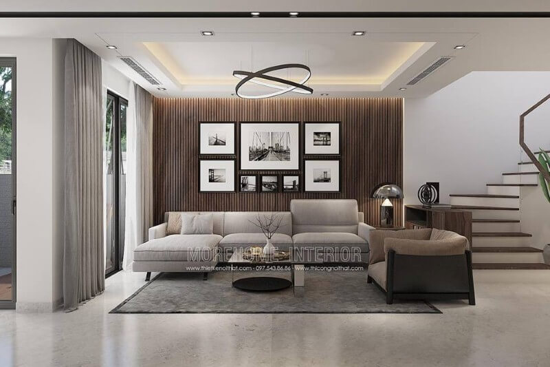 Mẫu gỗ ốp tường nhà đẹp tạo điểm nhấn ấn tượng cho phòng khách. Thiết kế nội thất biệt thự