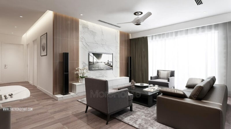 Với lối thiết kế hiện đại, nhẹ nhàng, sự sắp xếp hợp lí của nội thất cũng như màu sắc không gian mang lại cảm giác hài hòa cho không gian tiếp khách của gia chủ Thiết kế phòng khách chung cư