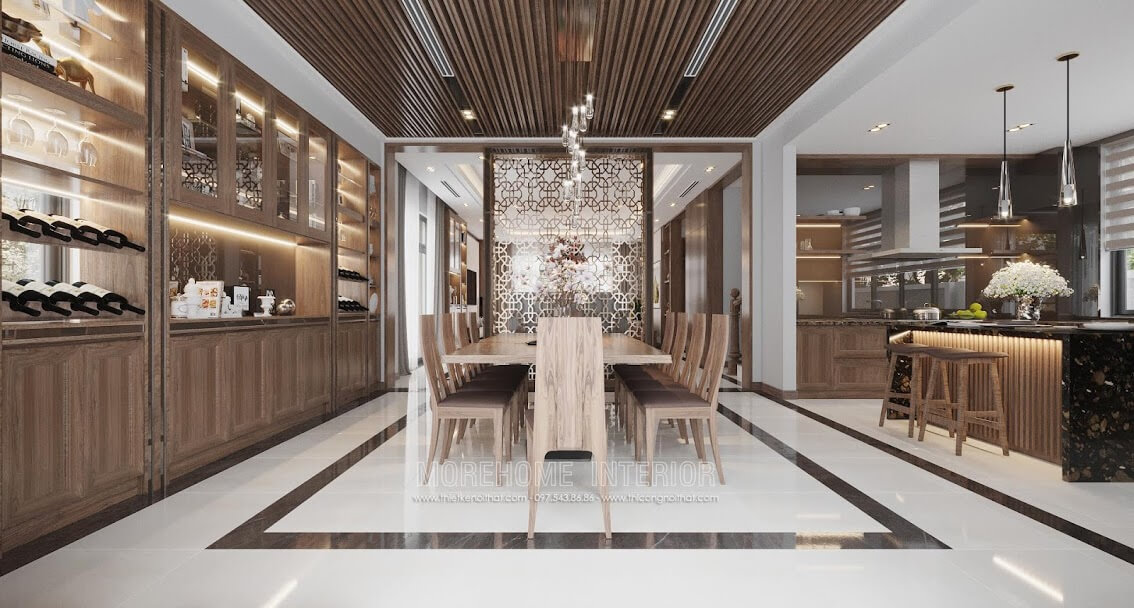 Mẫu thiết kế nội thất phòng bếp sang trọng với tông màu gỗ óc chó cuốn hút mọi ánh nhìn Thiết kế nhà bếp tiện nghi