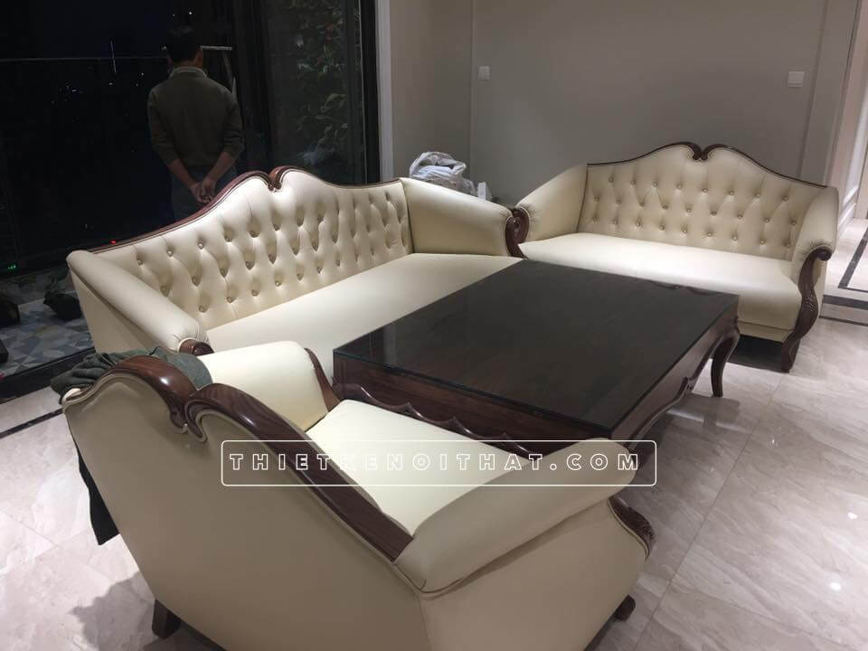 Sofa tân cổ điển có kiểu dáng tân cổ điển Pháp với đặc trưng nút chần cách điệu, tay vai sofa thoải Mẫu sofa gỗ óc chó sang trọng
