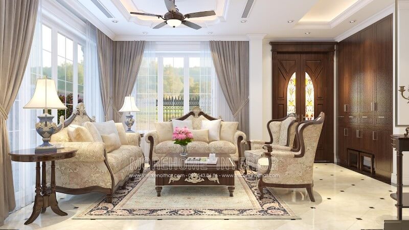 Phòng khách trở nên nổi bật, quý phái hơn với mẫu Sofa Tân cổ điển cao cấp gỗ tự nhiên bọc nỉ hoa văn Mẫu sofa gỗ óc chó sang trọng
