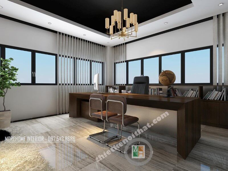 Mẫu thiết kế văn phòng giám đốc đẹp sử dụng đồ nội thất gỗ công nghiệpcao cấp với tông màu nâu trầm chủ đạo