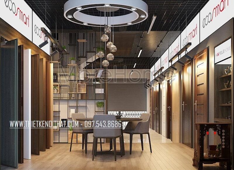 Thiết kế showroom trưng bày cửa gỗ công nghiệp ATA độc đáo với cách bố trí tinh tế hợp lí để show ra được các sản phẩm cửa gỗ