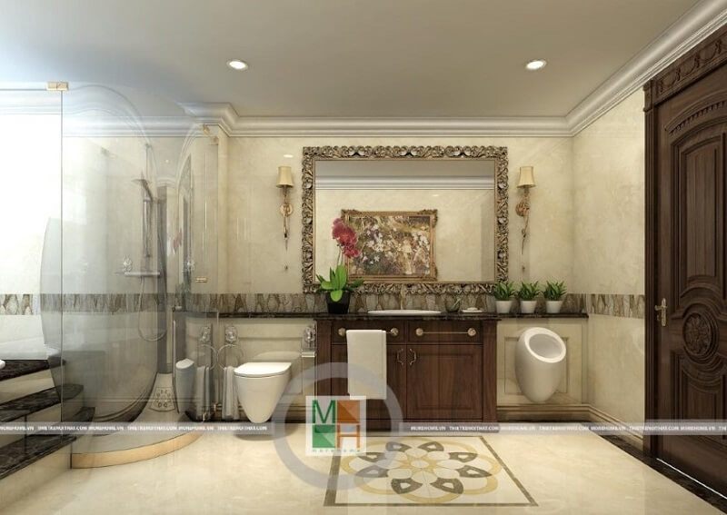 Thiết kế phòng tắm sang trọng sử dụng vách tắm kính kết hợp đồ nội thất và cách thiết bị vệ sinh hiện đại được gia chủ yêu thích