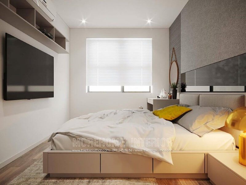 Trang trí phòng ngủ chung cư hiện đại với kệ trang trí