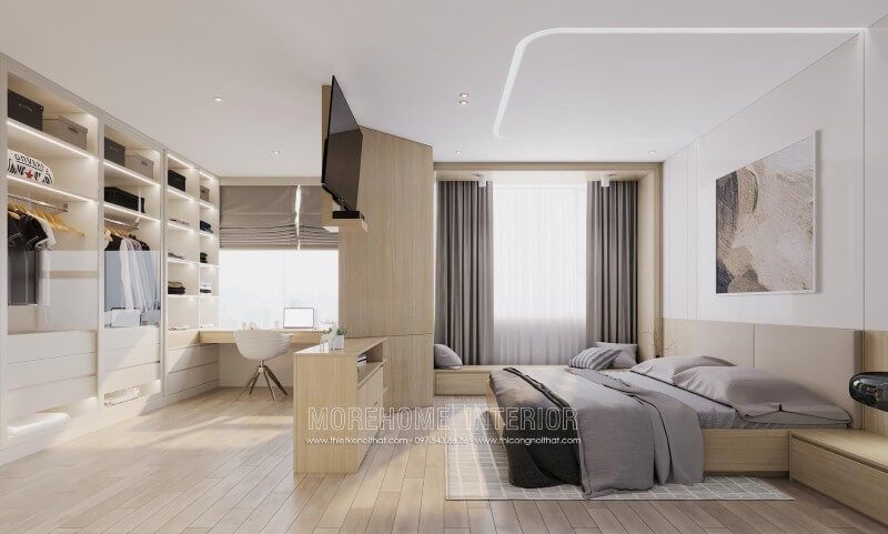 Phòng ngủ chung cư diện tích rộng, vách ngăn được xử dụng thông minh mang đến không gian sử dụng hữu ích