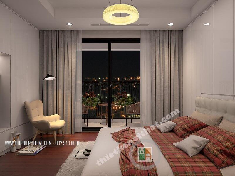 Thiết kế nội thất phòng ngủ chung cư đẹp với đồ nội thất hiện đại sắp xếp cách khoa học giúp tiết kiệm không gian căn phòng
