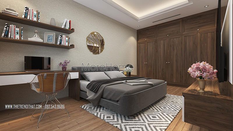Không gian phòng ngủ trở nên ấm cúng hơn khi gia chủ lựa chọn gỗ ốp sàn hiện đại, đồng nhất.
