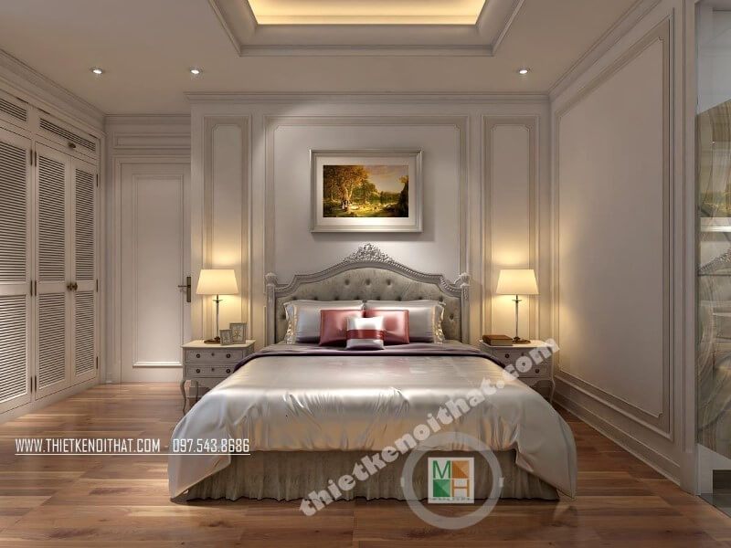 Trang trí nội thất phòng ngủ chung cư theo phong cách tân cổ điển để tạo nên sự sang trọng.
